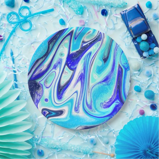 Assiettes En Carton Bleu fondu | Marble Fluid Art (Fête)