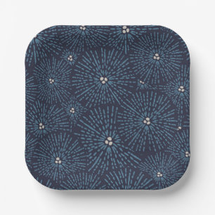 Assiettes En Carton Bleu géométrique floral traditionnel japonais