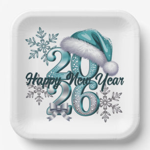 Assiettes En Carton Bleu Glacé 2026 avec Chapeau de Père Noël et Floco