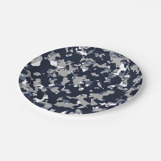 Assiettes En Carton Bleu Gris Blanc Camouflage Camo Motif Fête (Angle)