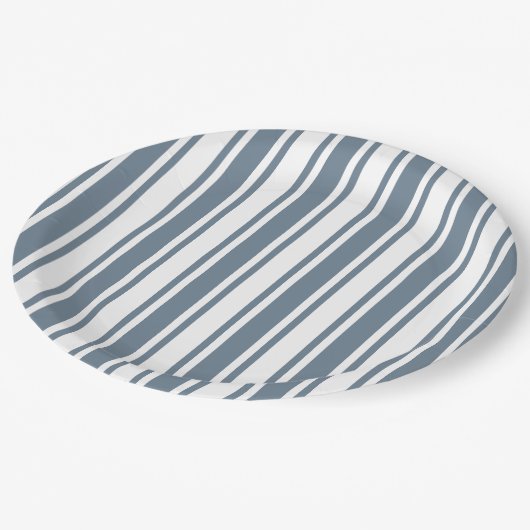 Assiettes En Carton Bleu gris et blanc rayures de bonbons (Angle)