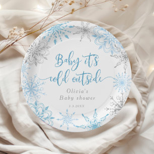 Assiettes En Carton Bleu hiver argent flocons de neige baby shower Bal