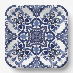 Assiettes En Carton Bleu italien et blanc Sicilien Majolica Mosaic