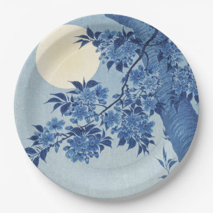 Assiettes En Carton Bleu Lune Fleur Arbre Sous le Ciel Nocturne