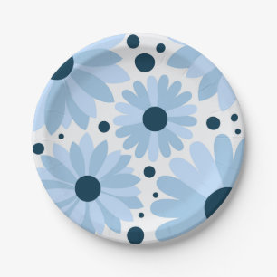 Assiettes En Carton Bleu marguerite de style rétro et points bleu fonc