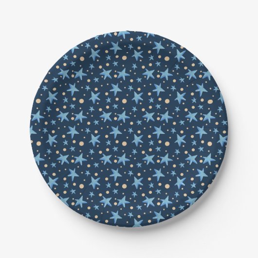 Assiettes En Carton Bleu marine avec étoiles bleues et à motifs de poi (Devant)