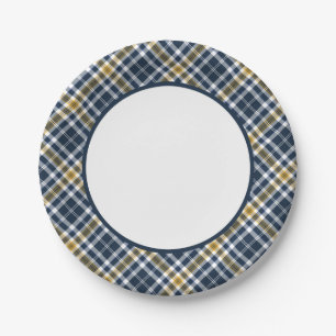 Assiettes En Carton Bleu marine et frontière sportive de plaid d'or