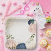 Assiettes En Carton bleu marine fleurs vert feuille mariage (Fête)