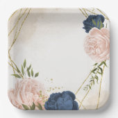 Assiettes En Carton bleu marine fleurs vert feuille mariage (Recto)