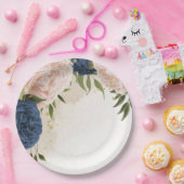 Assiettes En Carton bleu marine fleurs vert feuille mariage (Fête)