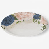 Assiettes En Carton bleu marine fleurs vert feuille mariage (Angle)