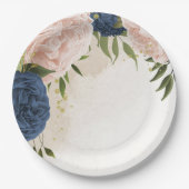 Assiettes En Carton bleu marine fleurs vert feuille mariage (Devant)