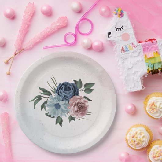 Assiettes En Carton bleu marine rose roux bleu vert fleuri mariage (Fête)