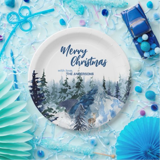 Assiettes En Carton Bleu Moderne Merry xmas arbres forêt pludeer (Fête)
