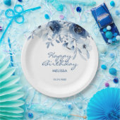 Assiettes En Carton Bleu moderne Rose verdure fleurie Anniversaire (Fête)