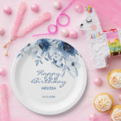 Assiettes En Carton Bleu moderne Rose verdure fleurie Anniversaire (Fête)