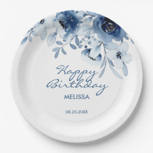 Assiettes En Carton Bleu moderne Rose verdure fleurie Anniversaire