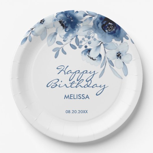 Assiettes En Carton Bleu moderne Rose verdure fleurie Anniversaire (Devant)