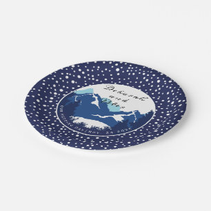 Assiettes En Carton Bleu, montagnes blanches et conifères mariage