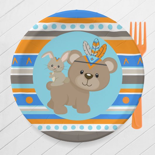 Assiettes En Carton Bleu Motif Bois Ours & Bunny Party