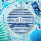 Assiettes En Carton Bleu Nautique Bleu Bleu Bleu Bande Pleine Monogram (Fête)