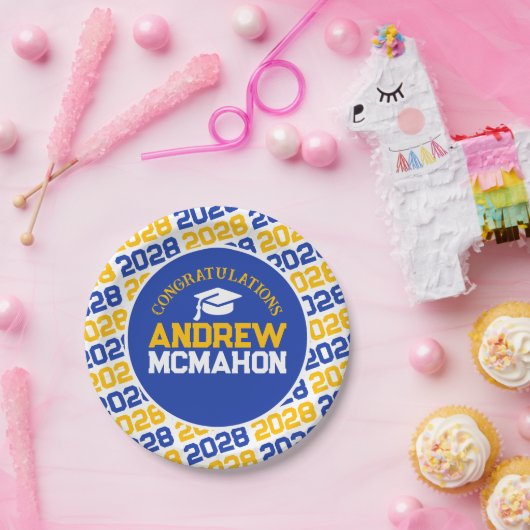 Assiettes En Carton Bleu, or et blanc Graduation personnalisée (Fête)