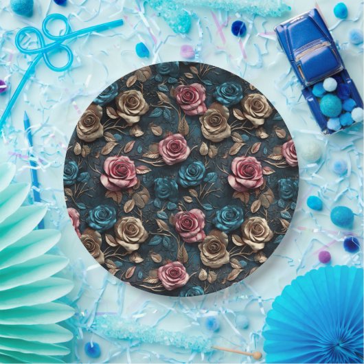 Assiettes En Carton Bleu or rose jolie Roses (Fête)