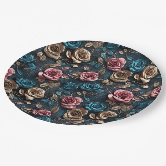 Assiettes En Carton Bleu or rose jolie Roses (Angle)