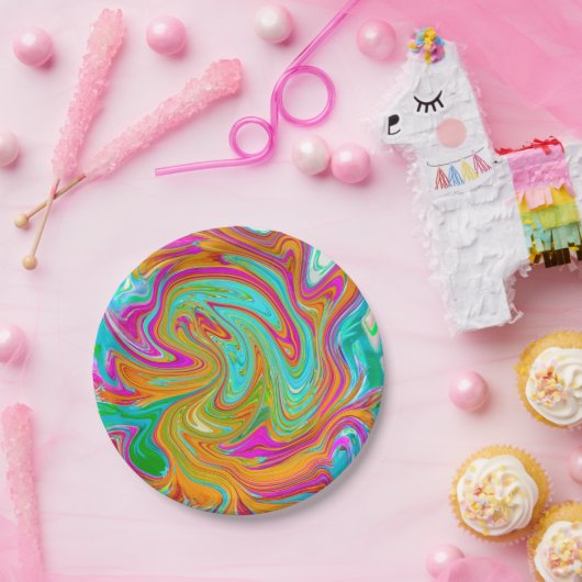 Assiettes En Carton Bleu, orange et rose chaud Super Abstrait Rétro (Fête)