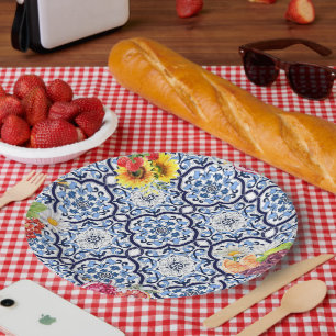 Assiettes En Carton Bleu Orné Fruité Florale Baies Carreaux siciliens