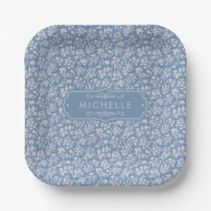 Assiettes En Carton Bleu Pâle et Motif Floral Bohème Gris Blanc
