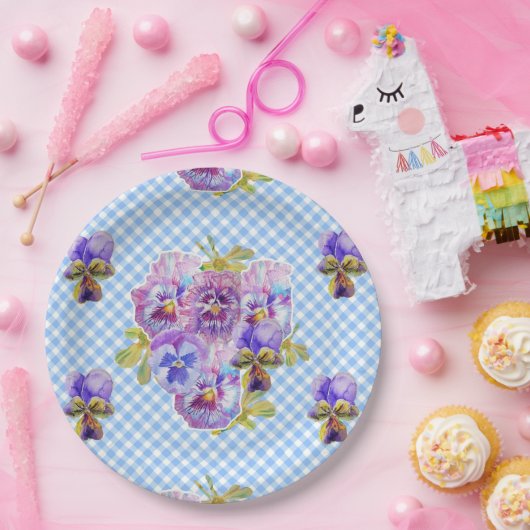 Assiettes En Carton Bleu Pansy Check Fleurs Motif Papier à pâte (Fête)