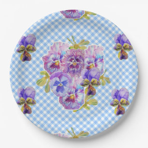 Assiettes En Carton Bleu Pansy Check Fleurs Motif Papier à pâte