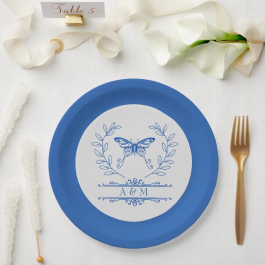 Assiettes En Carton Bleu papillon Monogramme Plaque Mariage (Mariage)