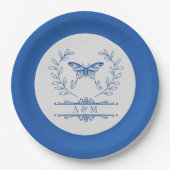 Assiettes En Carton Bleu papillon Monogramme Plaque Mariage (Devant)
