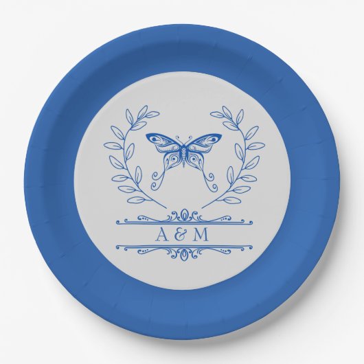 Assiettes En Carton Bleu papillon Monogramme Plaque Mariage (Devant)