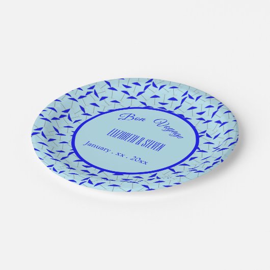 Assiettes En Carton bleu plage parapluie répétition motif bon voyage (Angle)