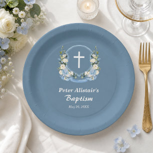 Assiettes En Carton Bleu Poussiéreux Croix Blanche Florale Crest Baptê