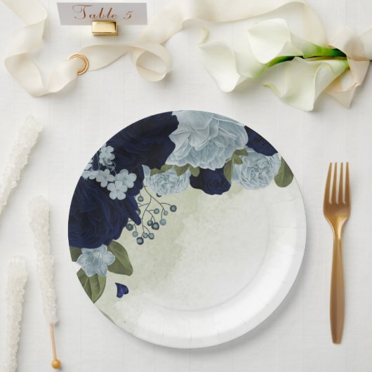 Assiettes En Carton bleu poussiéreux et bleu marine fleurs verdure (Mariage)