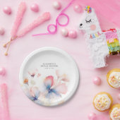 Assiettes En Carton Bleu Poussiéreux et Fleurs Roses Élégantes (Fête)