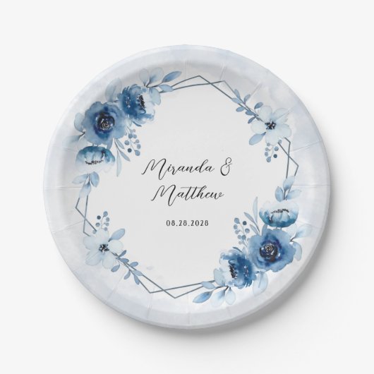 Assiettes En Carton Bleu poussiéreux et Mariage floral marine (Devant)