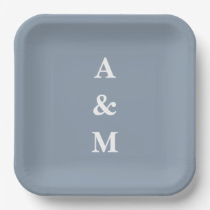 Assiettes En Carton Bleu Poussiéreux Monogrammes Blancs Initiale Éléga