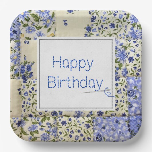 Assiettes En Carton Bleu Quilt d'anniversaire avec Aiguille (Recto)