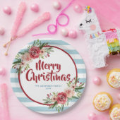 Assiettes En Carton Bleu Rayures Aquarelle Fleurs Noël (Fête)