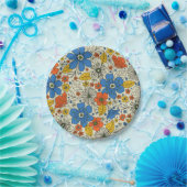 Assiettes En Carton Bleu rétro, Jaune & Orange Floral (Fête)