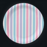 Assiettes En Carton Bleu rose et mauve bonbons raypes<br><div class="desc">Produits de fête rayés pastel bleu,  violet et rose bonbon.</div>