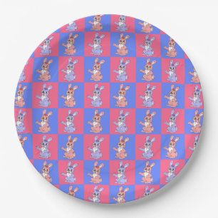 Assiettes En Carton Bleu rose Kawaii mignet À damiers lapin lapin