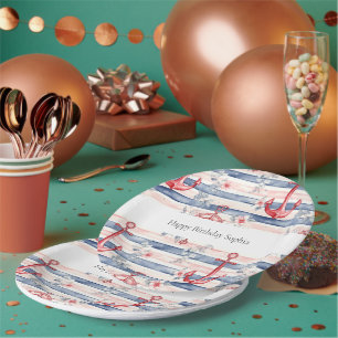Assiettes En Carton Bleu Rouge Ancres Floral Bandes Plage Anniversaire