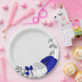 Assiettes En Carton bleu royal et fleurs blanches argent (Fête)