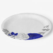 Assiettes En Carton bleu royal et fleurs blanches argent (Angle)